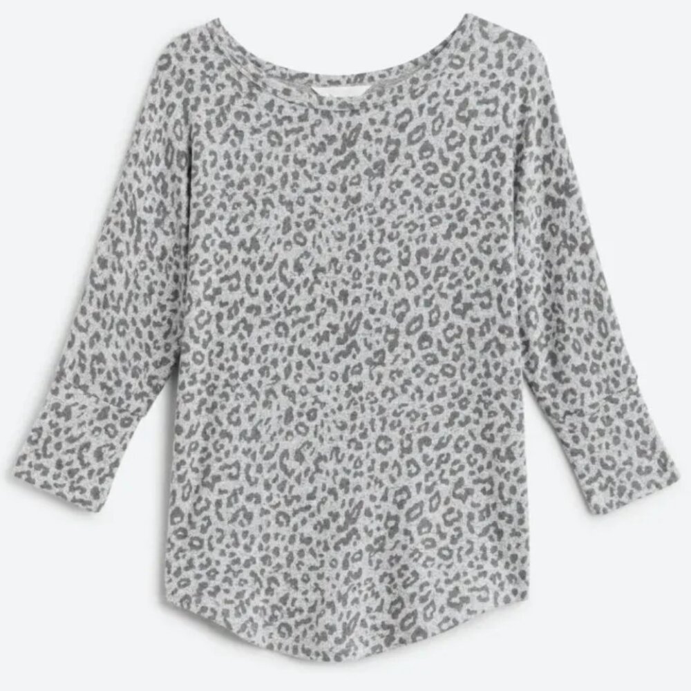 Corinna Brushed Batwing Dolman Knit Top - Gray Leopard Print